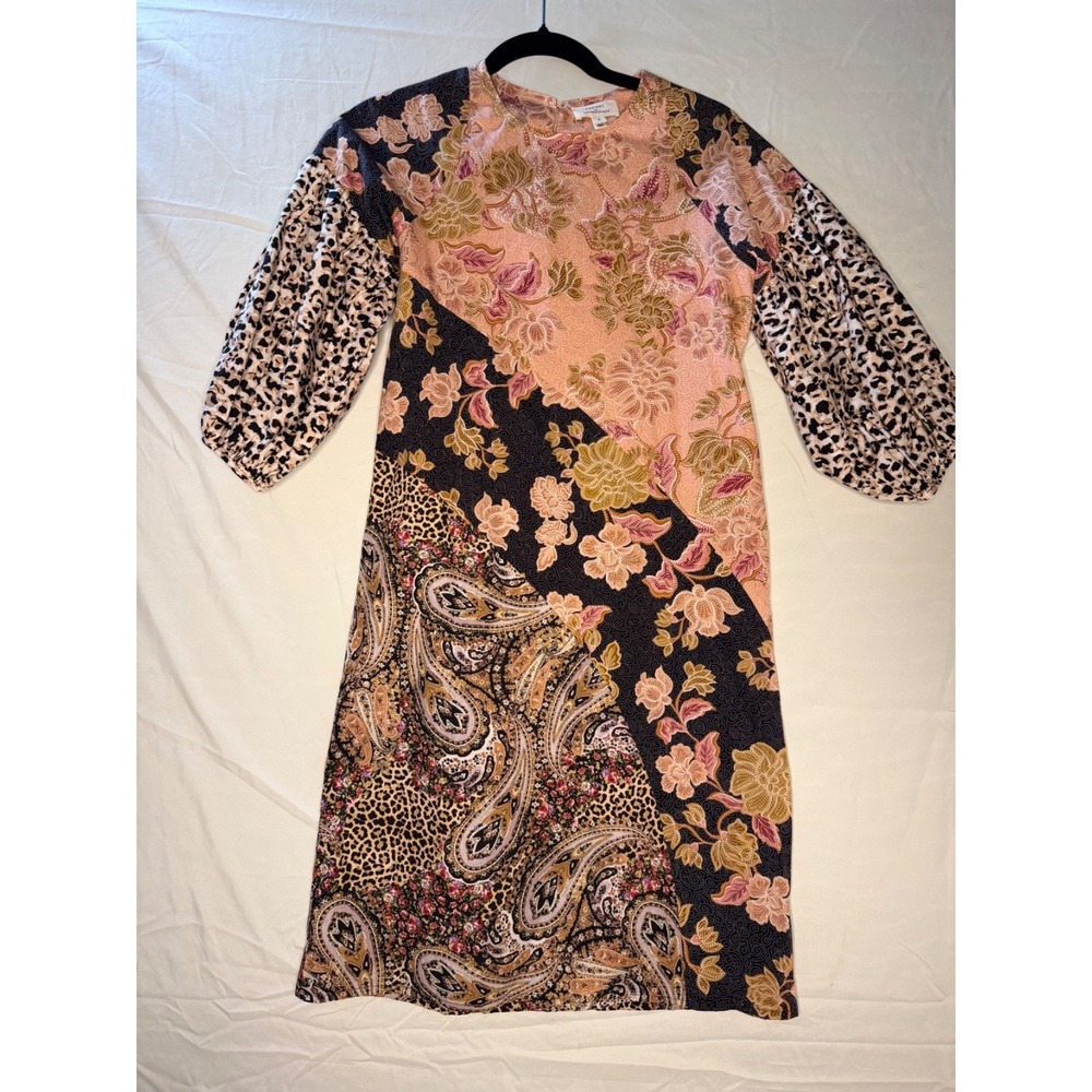 Kachel Anthropologie‎ boho cottage core floral lepoard print sz 2 sheath dress
